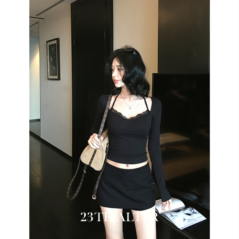 23Th Black Romantic Stretch T-Shirt Long Sleeve Women's Halter Neck Hot Girl Base Shirt Lace Trim Top
