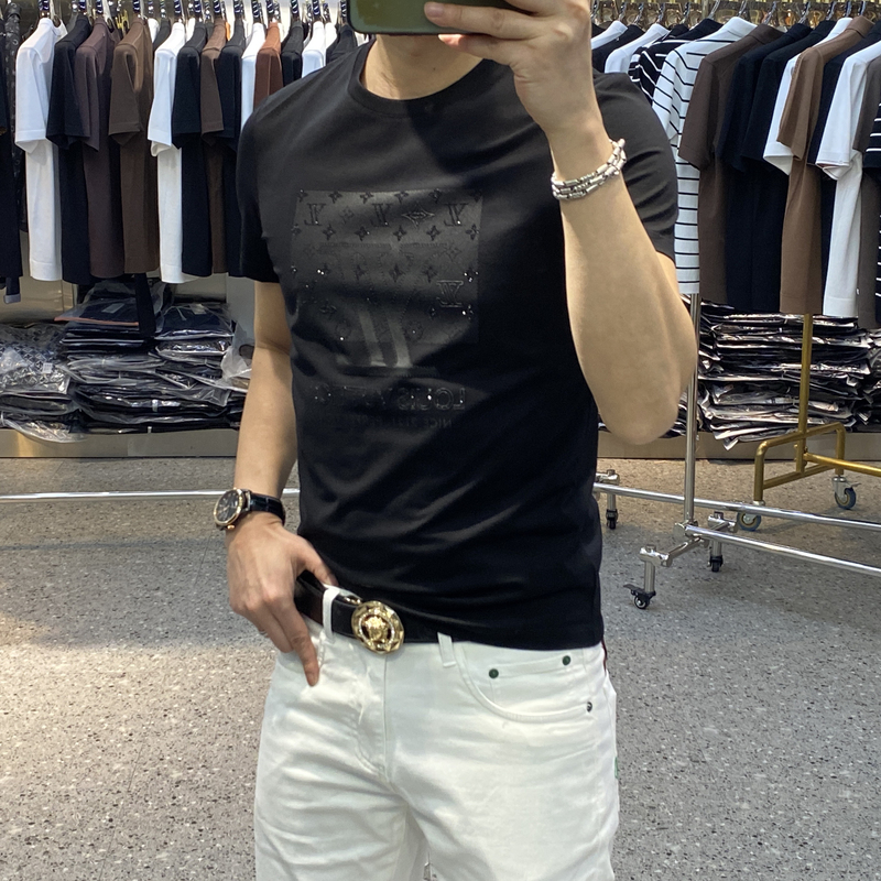 European High-End Men's Mercerized Cotton Round-Neck Fashion Short-Sleeve T-Shirt with Trendy Brand Print and Rhinestone Embellishments, Slim-Fit Half-Sleeve Men's Wear