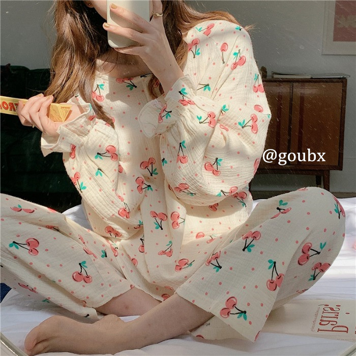 Korean style atmosphere ~ sleep with eyes closed, a spring and autumn girl cute cotton cherry print can be worn outside to sleep qun