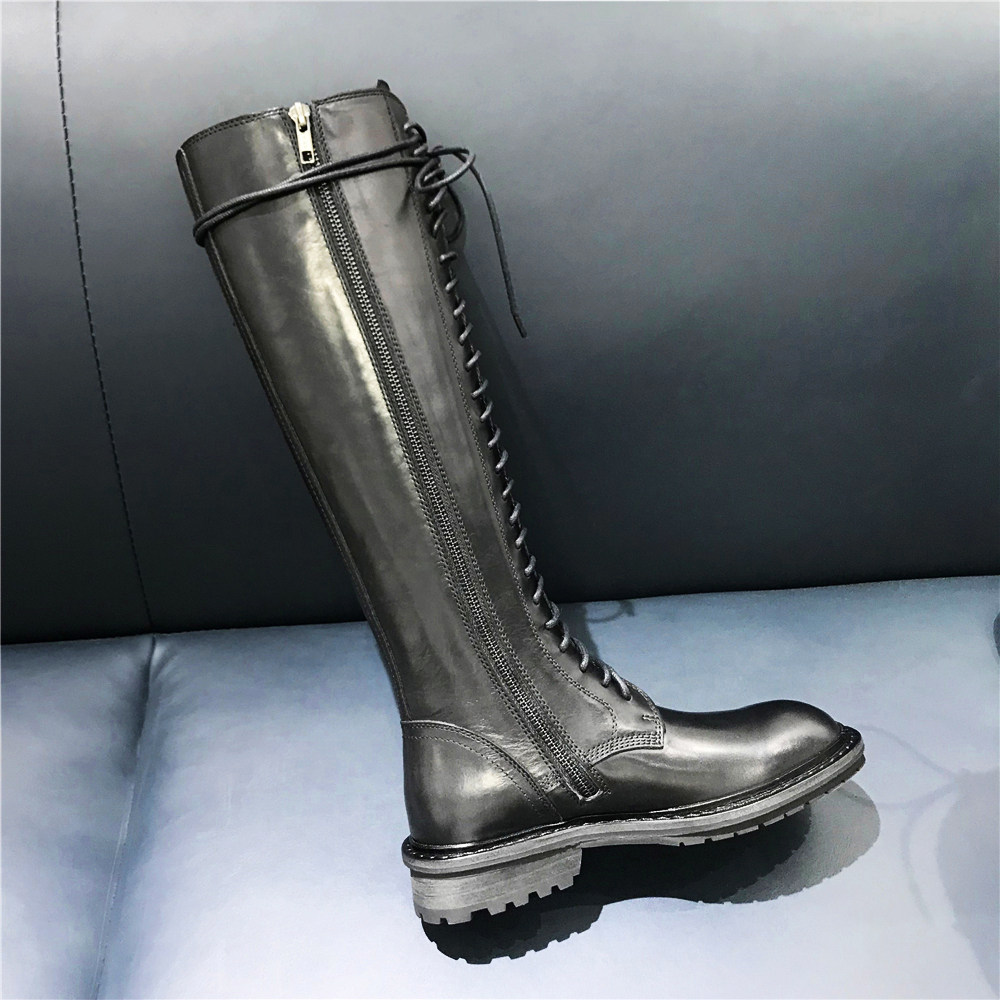 2022 new genuine leather strap buckle flat bottom riding boots female Inn lace though kneecap boots long boot high cylinder boot