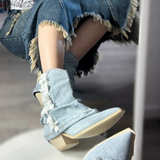 Западные Boots 羊皮版~v口帆布西部牛仔靴女靴真皮粗跟高跟中筒靴裤管短靴马丁靴