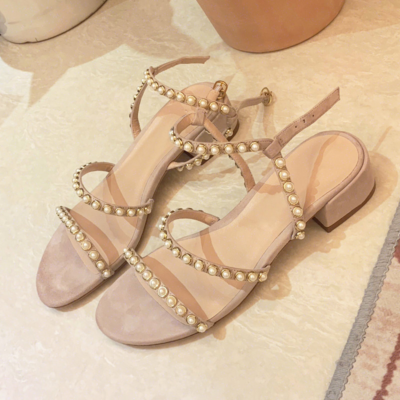 Summer Fashion 100 Hitch Genuine Leather Pearl Coarse Heel Sandal Sandal Fairy Wind Lined with Lady Toes Lady Sandal Sandal