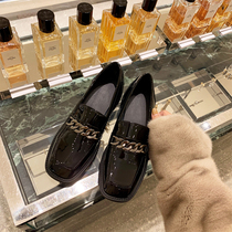 2021 New British style metal chain Black small leather shoes leather square head flat shoes soft bottom loafers womens shoes