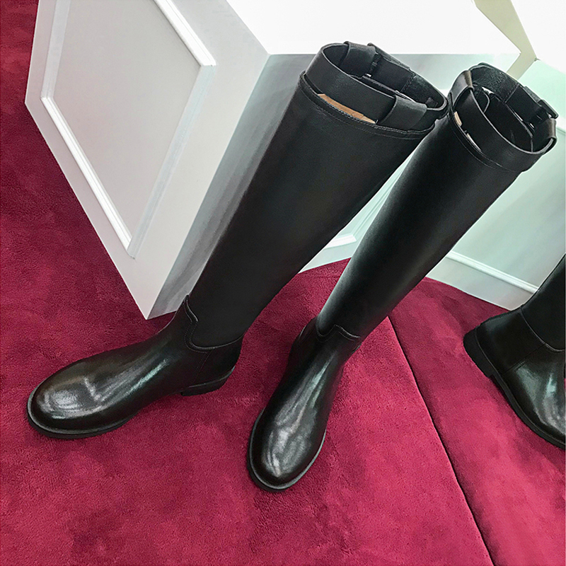 Genuine leather round head flat bottom long boot and knee boot riding boots female locomotive boots though knee-high cylinder boots with boot horse boots woman