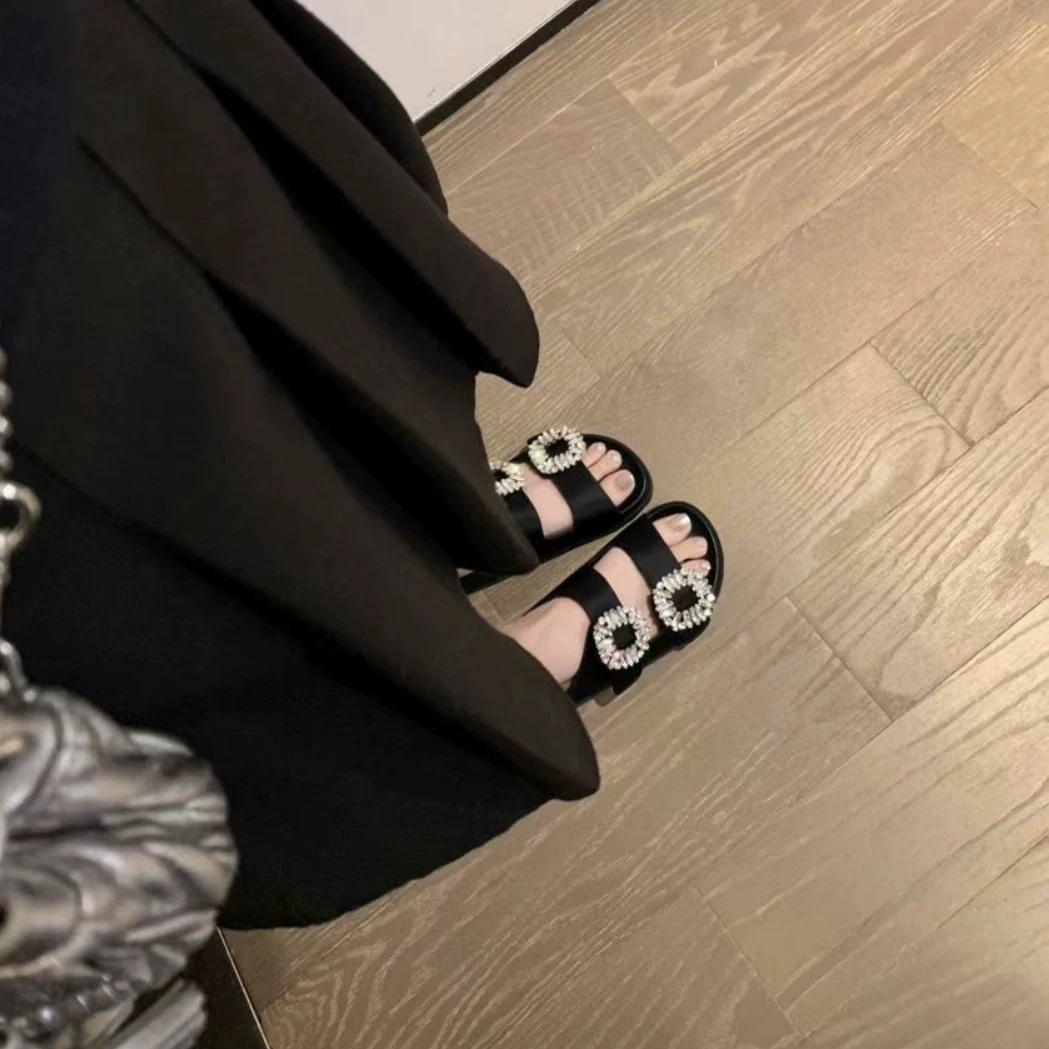 Шкура овчины версия~квадратная пряжка страза натуральная кожа двойная ремень casual толстая подошва сандалии- slipper женские сандалии платформа полуспортивные