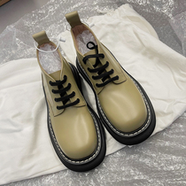 2021 spring new leather round head thick bottom cake shoes lace-up green small leather shoes Middle heel single shoes Martin shoes women