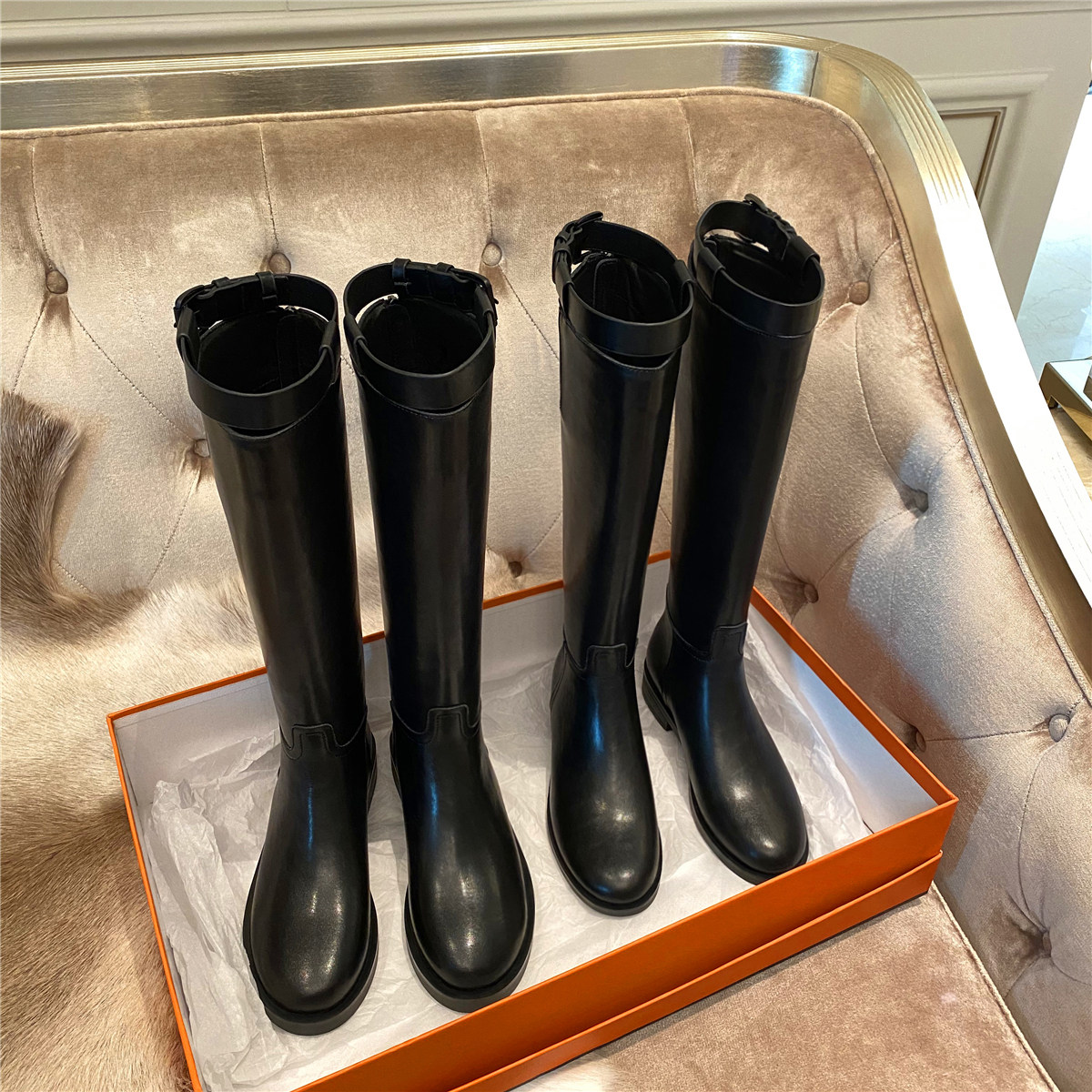 Sheepskin version~Leather flat-bottomed knight boots, high boots, long boots, cowhide high-heeled knee-high boots, riding boots, women's winter