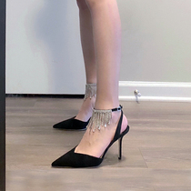 Summer new genuine leather custard line with fine heel high heel shoes Womens summer fairy Wind flow Su Water drill High heel sandals