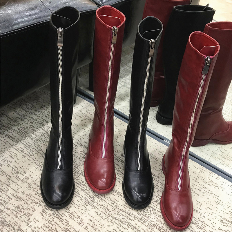 Cow Leather version ~ Inron wind front Racing leather riding boots female flat bottom though knee-high cylinder boots long cylinder boots ladies' boots
