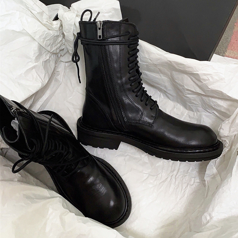 Cowhide ~ Leather Lace Up Flat Side Pull On Martin Boots English Style Mid Heel Boots Knight Short Boots Women