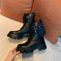 Backpack bag ~ Fashionable leather thick-soled Martin boots female high-heel belt buckle short-tube locomotive boots Knight boots