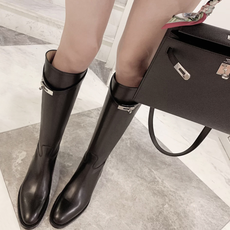 Cowhide Version~ British-Style Belt Buckle Genuine Leather Chunky Heel Long Boots Women's Boots Winter Thick-Soled Riding Boots Long Boots High Boots