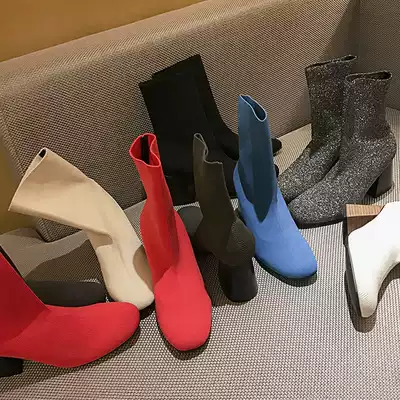 2019 autumn new leather stretch skinny boots knitted thick heel high heel socks boots socks boots square head short boots women's boots