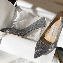 Leather fashion sequins pointed shallow high heels womens thin heels shiny wedding shoes bridal shoes bridal shoes high heel single shoes