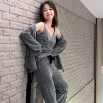 Chenille pajamas womens spring and autumn three-piece Simple Sexy plus velvet long sleeve sling Korean suit autumn and winter home wear