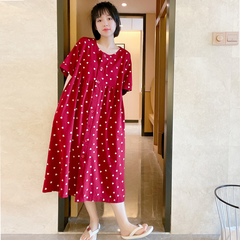Love short-sleeved night dress Korean version loose large size pajamas female summer pure cotton pregnant women fat MM round neck cute home clothes