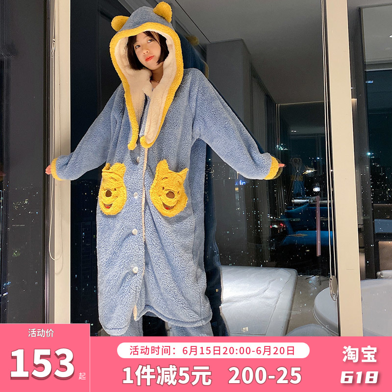 Small Bear Coral Suede Pyjamas Woman Winter Long Version Sleeping Dress Thicken Plus Suede Sleeping Robe Loose Can Outwear Cute Stay-at-home Clothing
