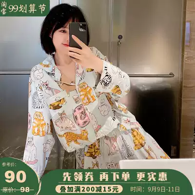 Cat cotton silk pajamas women's spring and autumn thin cardigan cute cartoon suit long sleeve Net red with new home clothes