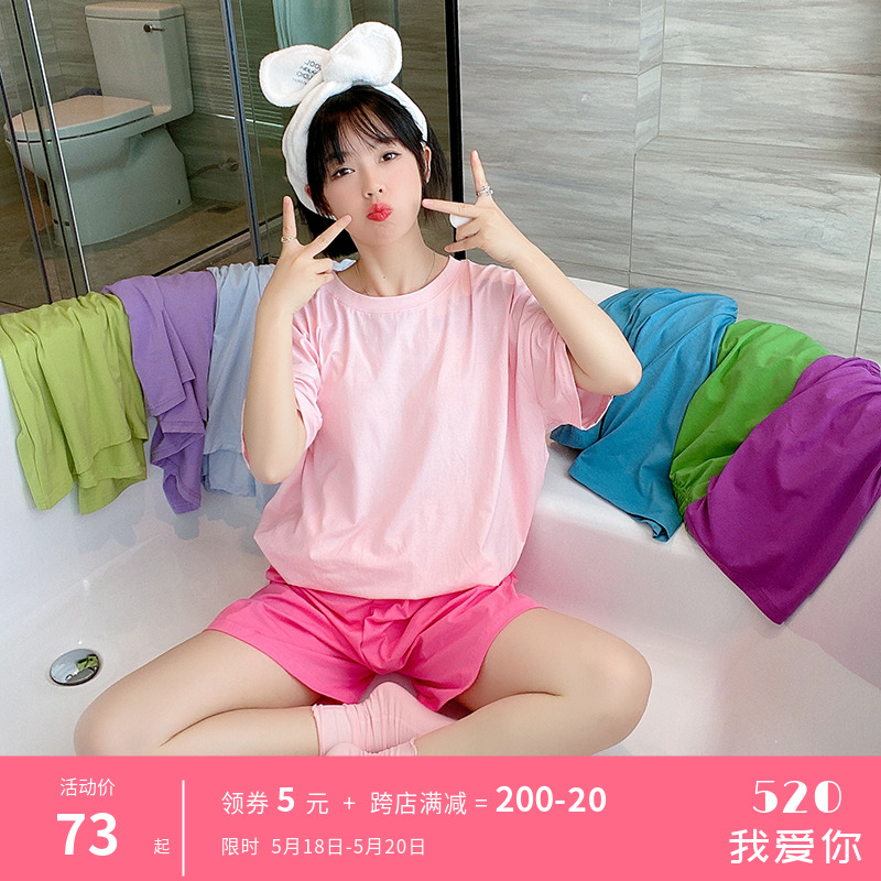 Candy Color Pyjamas Woman Summer Thin short sleeves shorts pure cotton set head ins pure color minimalist Residence Suit Suit