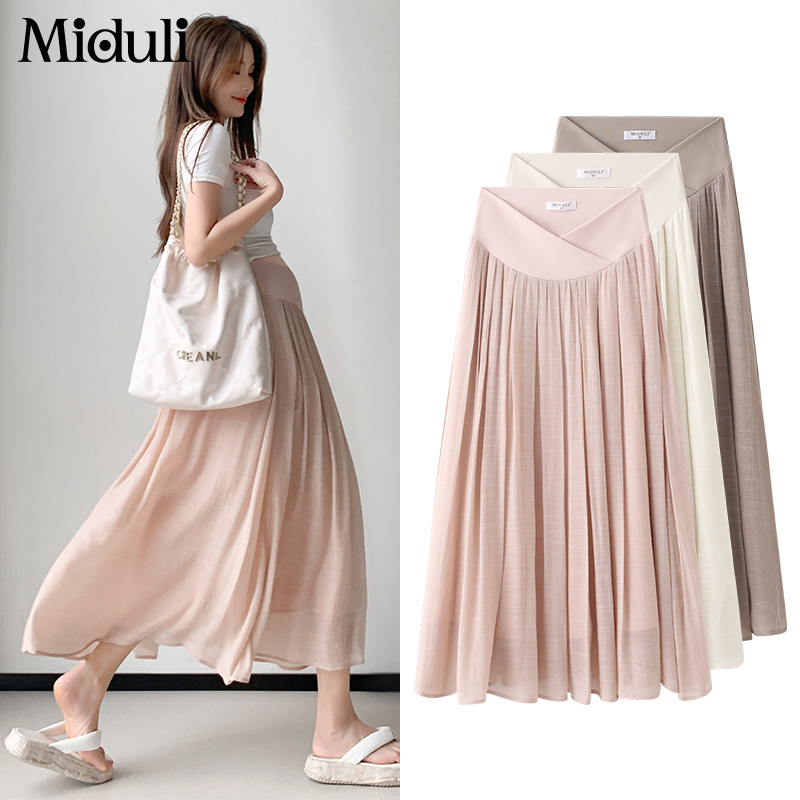 Maternity Skirt, Summer Tencel Bamboo Yarn Mid-Length Belly-Supporting Skirt, Pleated Long Skirt for Petite Women during Pregnancy, Summer Wear Maternity Skirt, Summer Tencel Bamboo Yarn Mid-Length Belly-Supporting Skirt, Pleated Long Skirt for Petite Women during Pregnancy, Summer Wear