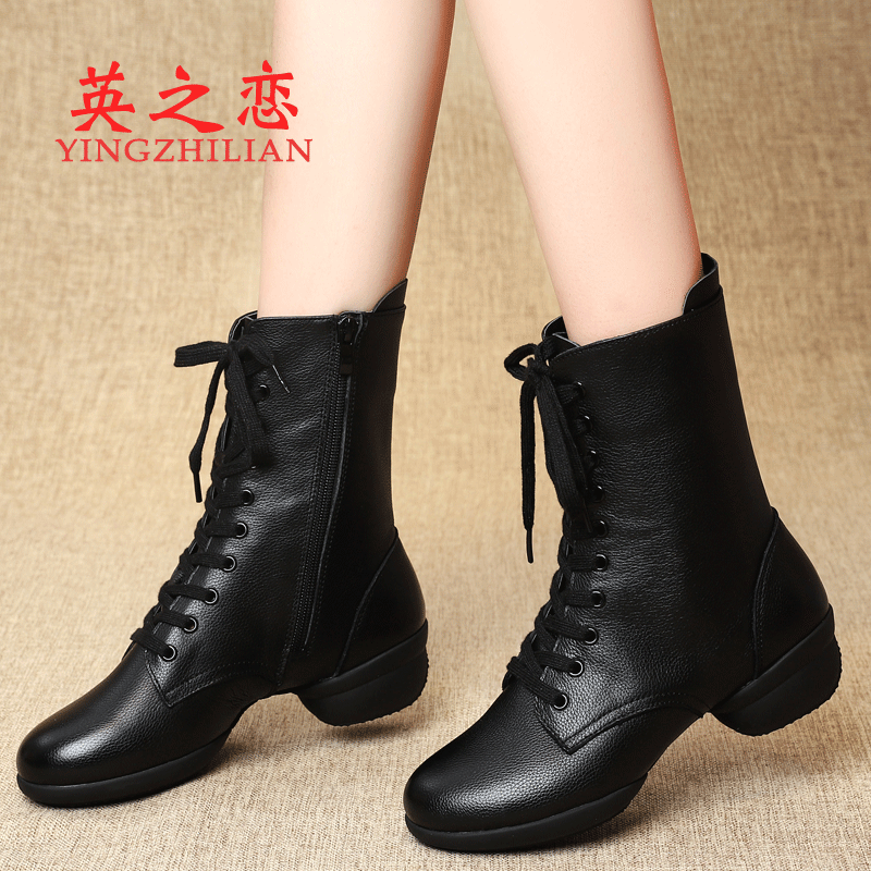 English Love Spring Dance Shoes Women Real Leather Dancing Shoes Women's Squares Dance Women Shoes Women Boots Soft-bottom Water Soldiers Dance Shoes Boots