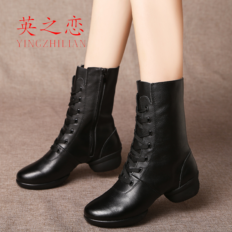 English Love Spring Dance Shoes Women Genuine Leather Soft-bottom Square Dancing Shoes with Sailors Dancing Shoes Women Boots Dance Boots