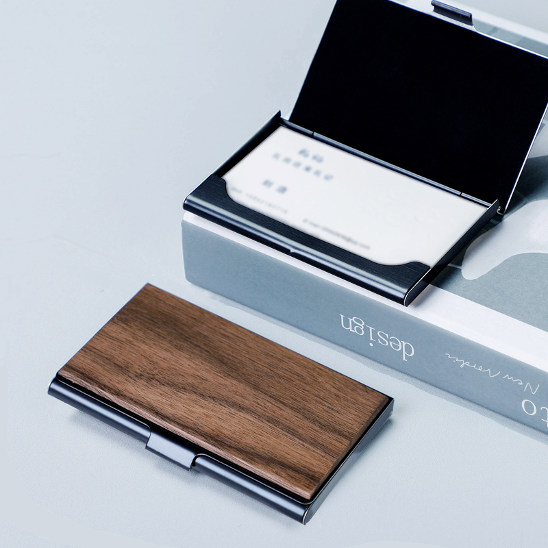 Wooden business card holder men's high-end business solid wood business card case ladies creative stainless steel simple custom lettering