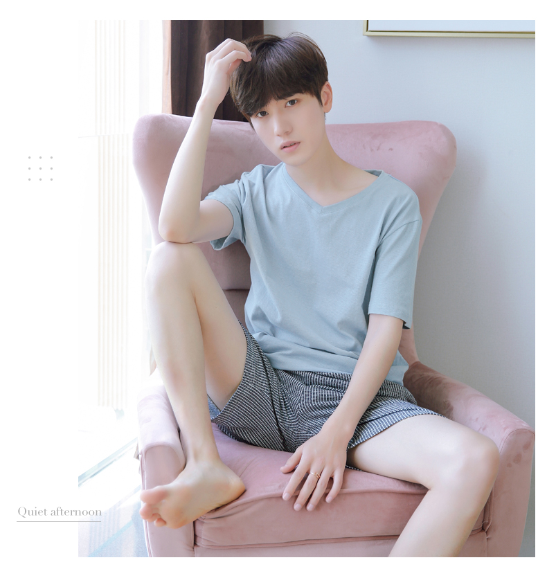 Pabangu new đồ ngủ nam mùa hè ngắn tay cotton có thể được đeo bên ngoài nhà quần áo giản dị đồ ngủ thể thao phù hợp với nam giới bộ mặc nhà đẹp