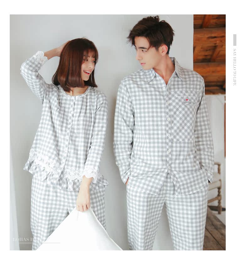 Pabangnu new casual couple đồ ngủ cotton của phụ nữ dệt kẻ sọc cardigan nam giới có thể mặc bên ngoài dịch vụ nhà phù hợp với mùa thu đồ bộ vải đũi