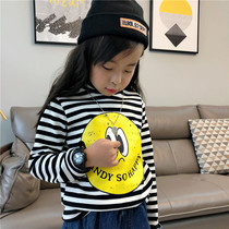 2019 autumn and winter new boys and girls Korean version of high collar striped smiling face base shirt tide T-shirt 8582