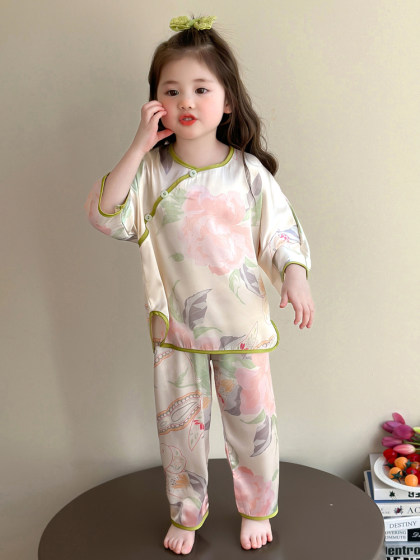 女童夏季冰丝睡衣2025新款儿童中国风家居服套装女宝宝舒适空调服