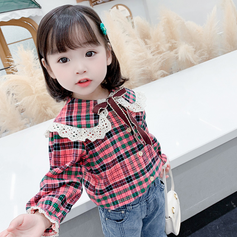 Girl Shirt Spring Autumn New Female Baby Han Version Trendy Ocean Style Children Casual Fashion Baby Plaid Blouses