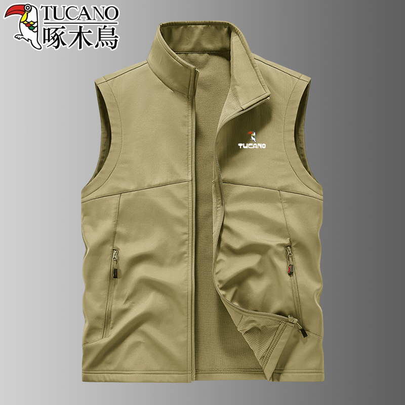 Woodpecker Soft Shell Vest Men's Autumn and Winter Loose Sports Workwear Vest Outdoor Fishing Sleeveless Jacket