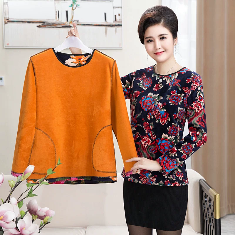 Áo thun nữ trung niên cộng với áo bà mẹ nhung dày trung thu đầy mùa thu và mùa đông áo sơ mi dài tay ấm áp mẫu đầm trung niên đẹp nhất hiện nay