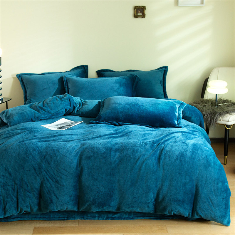 Four - piece double - sided plus thick winter warm coral velvet simple pure color 1 8m bed suite