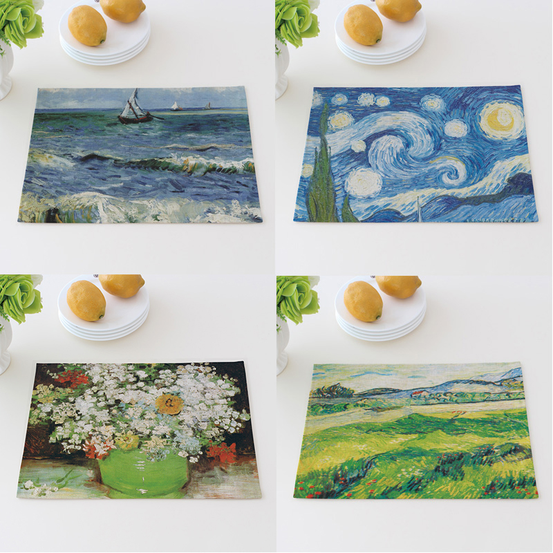 Oil painting Van Gogh art Classical cotton and hemp Western mat Insulation mat Meal coaster Table mat Plate mat Tea mat