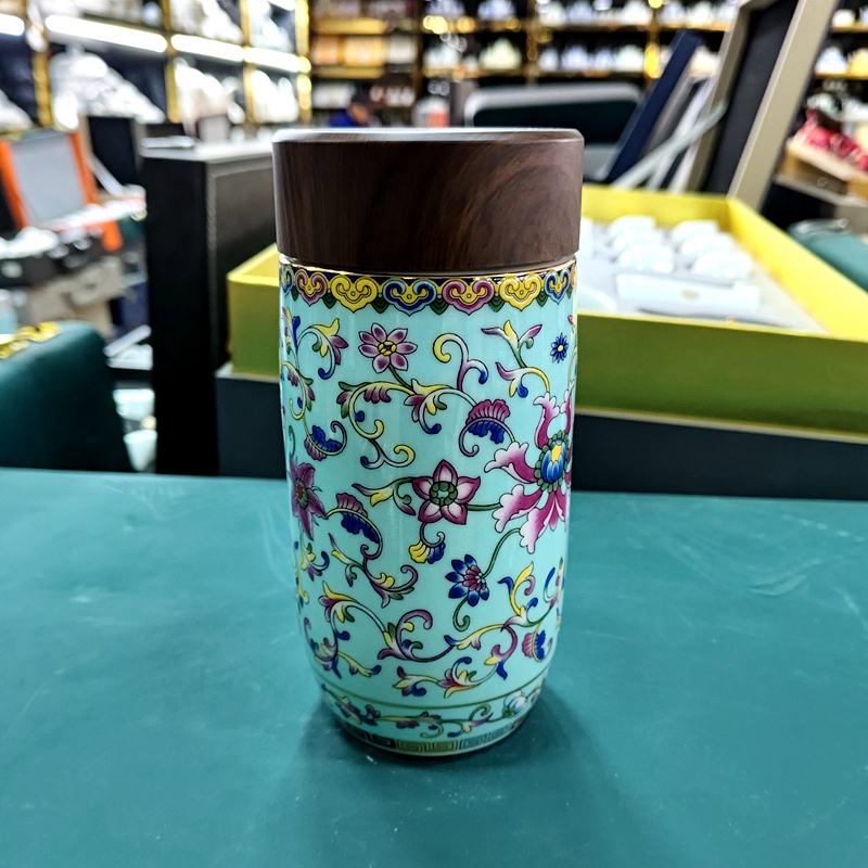 Fuliyuan Retro Pattern Insulated Cup with Ceramic Body and Wooden Lid, Stylish Water Cup Fuliyuan Retro Pattern Insulated Cup with Ceramic Body and Wooden Lid, Stylish Water Cup