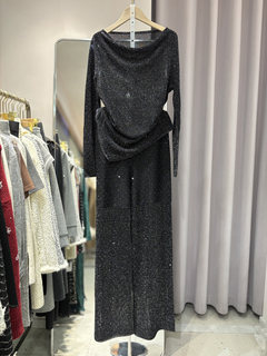 European goods 2025 spring and summer new style irregular one-line collar bright silk sweater wide-leg pants skirt suit 25s751