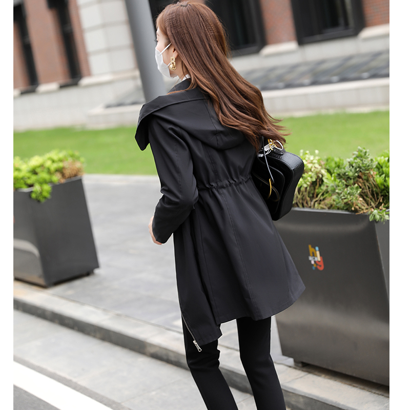 Hooded Windbreaker for Women, New Spring Style, Petite Mid-Length, Slim Fit, Drawstring Waist, Loose Casual Spring and Autumn Coat