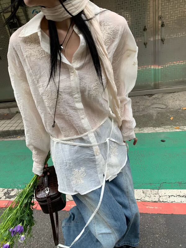 Tempting Korean Dongdaemun 2026 Spring New Embroidered Lapel Long-Sleeve Shirt for Women