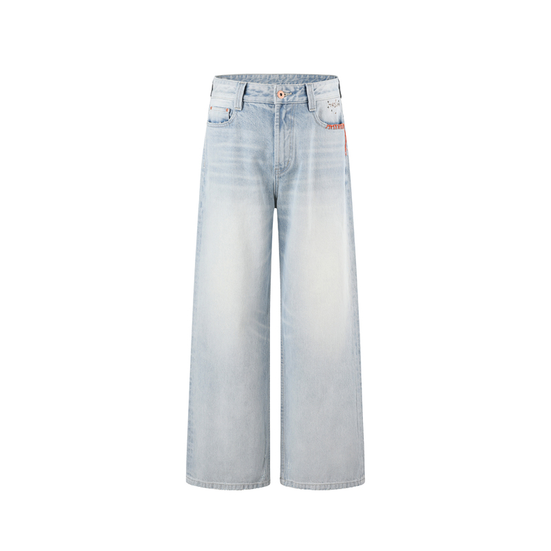 Taichiism “White Moonlight” Summer Light Blue Distressed Stitched Washed Denim Loose Straight-Leg Pants for Men