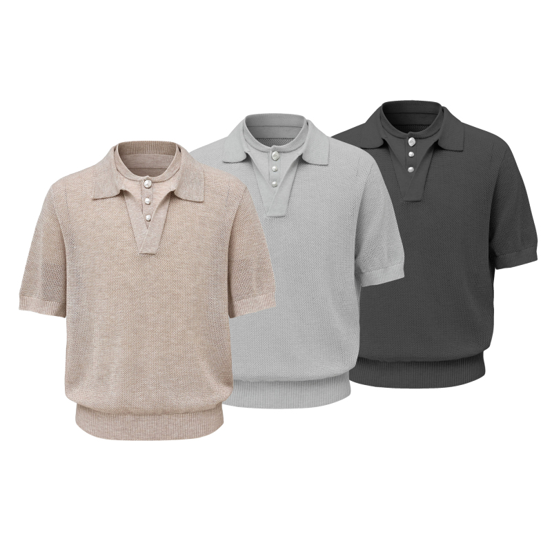Taichiism “30 Wool” Fake Two-Piece Multi-Form Knit Polo with Hollow-Out Double Collar and Pearl Button Short Sleeves Taichiism “30 Wool” Fake Two-Piece Multi-Form Knit Polo with Hollow-Out Double Collar and Pearl Button Short Sleeves