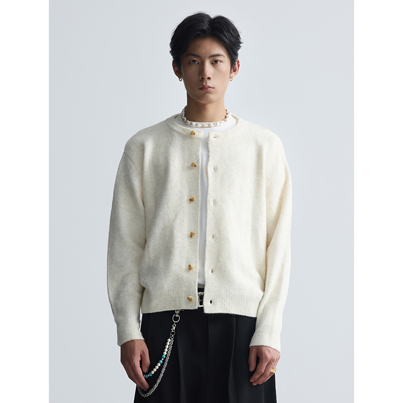 Taichiism Wool Blend Cardigan Button Knit Round Neck Double Yarn Cardigan Spring and Autumn Versatile Lazy Sweater