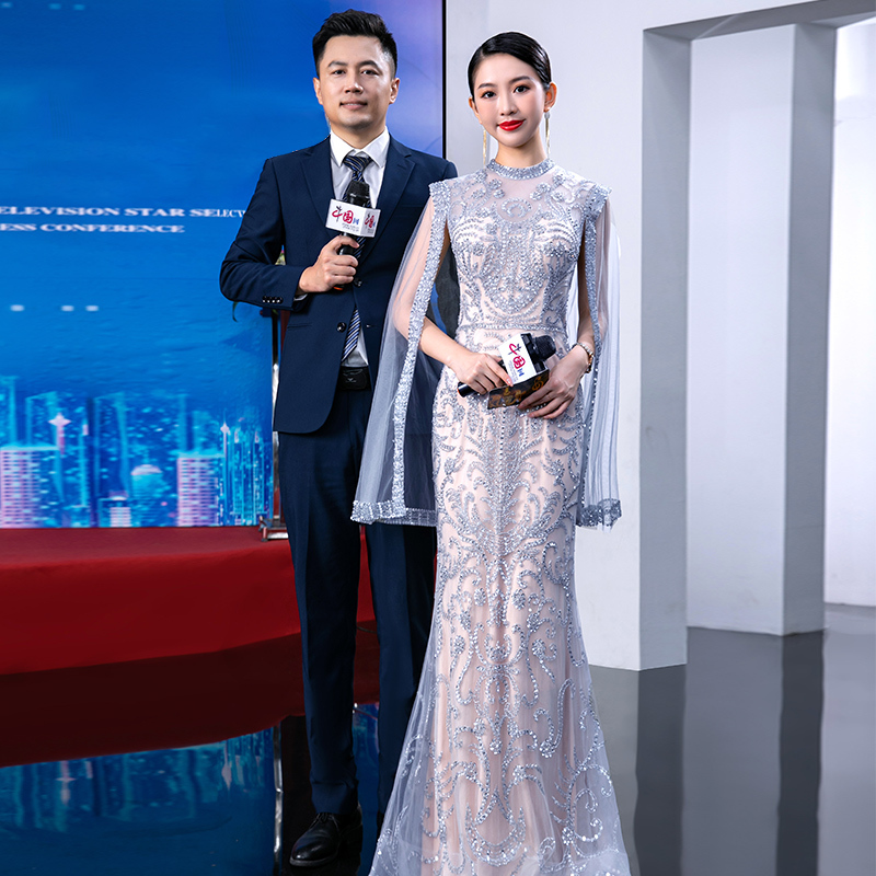 Yang Mi Celebrity-Style Annual Meeting Host Dress for Women, Light Luxury Niche High-End Socialite Banquet Elegant Evening Gown