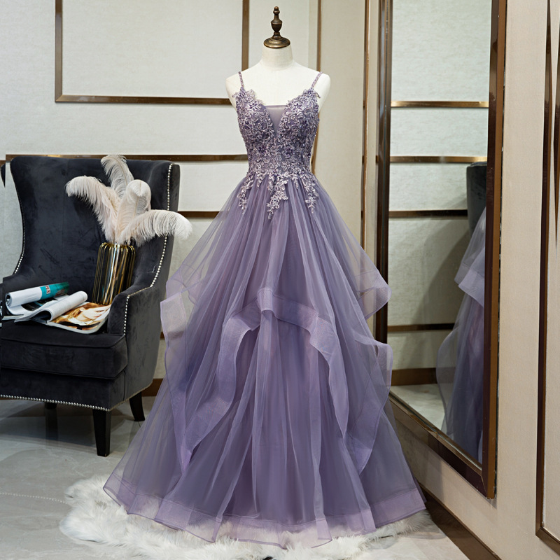 Banquet Evening Dress for Women, Purple Spaghetti Strap Dress, Vocal Arts Performance Dress, Fairy-Like Tulle Dress, Host Evening Dress