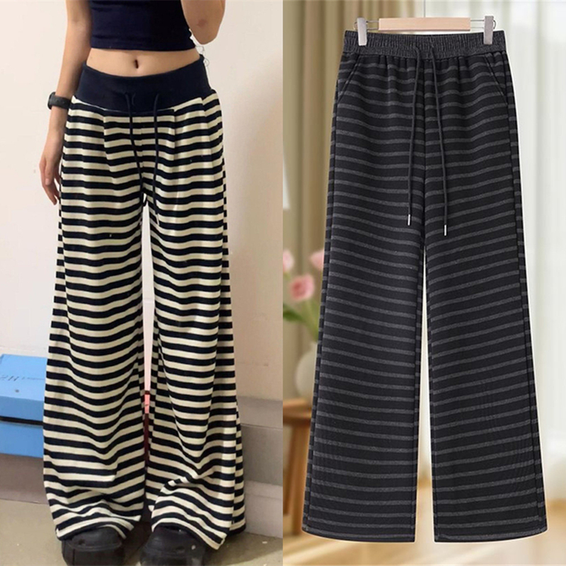 2026 Spring and Autumn Korean Style High-Waisted Plus-Size Slimming Striped Wide-Leg Pants for Women, Loose Casual Straight-Leg Long Trousers 2026 Spring and Autumn Korean Style High-Waisted Plus-Size Slimming Striped Wide-Leg Pants for Women, Loose Casual Straight-Leg Long Trousers
