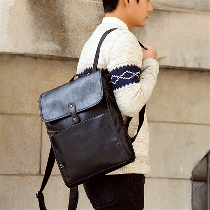 threebox college style retro men's backpack men's soft leather Korean version of PU fashion casual backpack student schoolbag