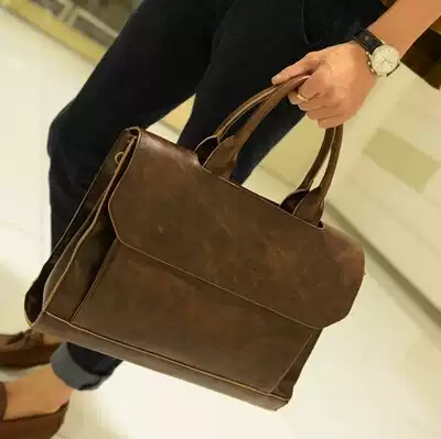 2021 new Korean men's bag crazy horse leather men's handbag leather shoulder bag business briefcase diagonal computer bag