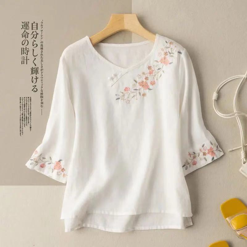 Chinese Style Tang Suit Women's Cotton and Linen Embroidered Button-Up Artistic Retro Shirt Women's Summer Ethnic Style Loose Pure Cotton Top Chinese Style Tang Suit Women's Cotton and Linen Embroidered Button-Up Artistic Retro Shirt Women's Summer Ethnic Style Loose Pure Cotton Top