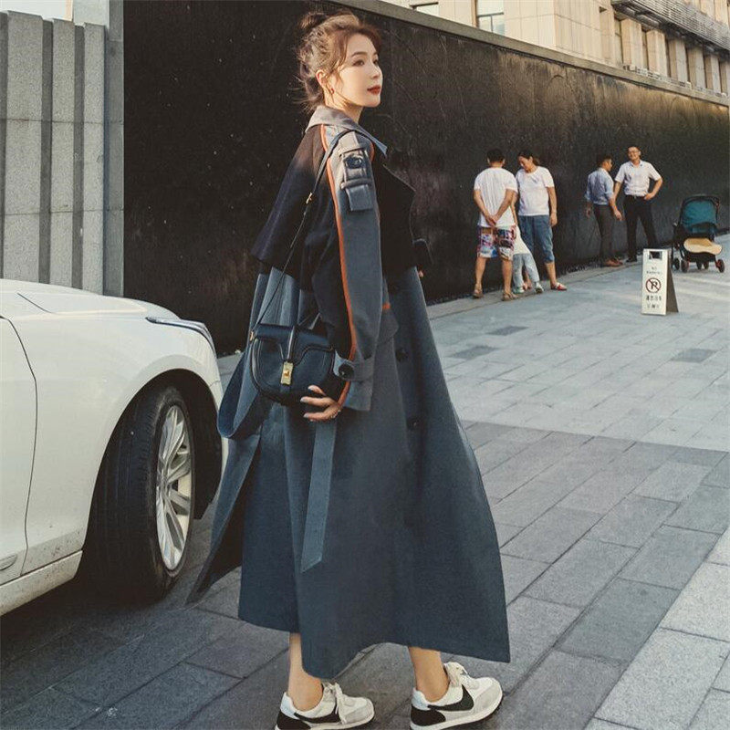 VOGCHAR Autumn French Hepburn Style Goddess Fan Windbreaker Jacket Women's Over-the-Knee Mid-length Korean Version Loose